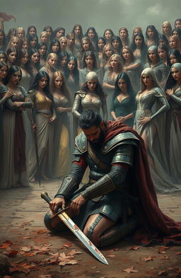 A wounded warrior kneeling on the ground, his armor battered and sword in hand, showing signs of blood and exhaustion