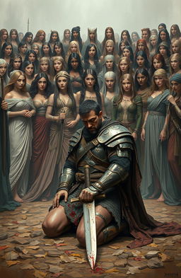 A wounded warrior kneeling on the ground, his armor battered and sword in hand, showing signs of blood and exhaustion