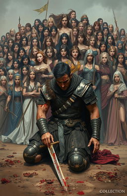 A wounded warrior kneeling on the ground, his armor battered and sword in hand, showing signs of blood and exhaustion