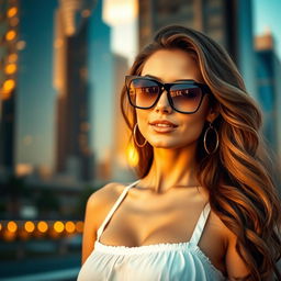 A stylish woman with long wavy hair wearing trendy see-through sunglasses