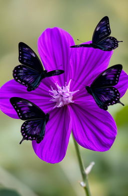 A vibrant purple flower centrally placed in the image, surrounded by graceful black butterflies fluttering around it