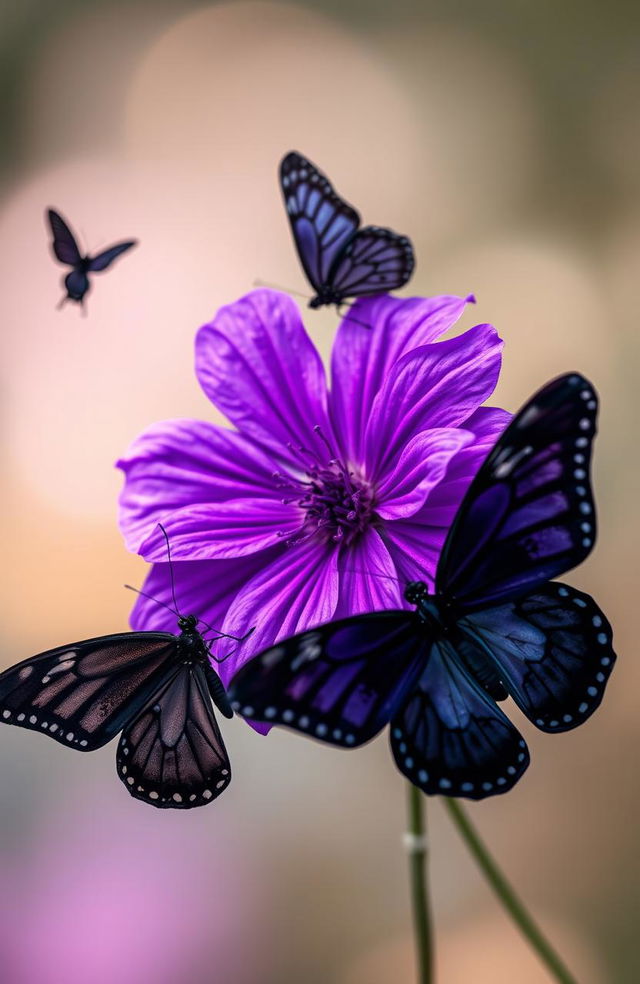 A vibrant purple flower centrally placed in the image, surrounded by graceful black butterflies fluttering around it