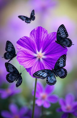 A vibrant purple flower centrally placed in the image, surrounded by graceful black butterflies fluttering around it