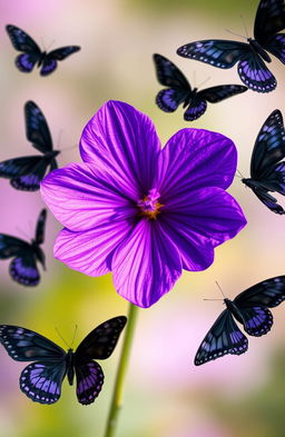 A vibrant purple flower centrally placed in the image, surrounded by graceful black butterflies fluttering around it