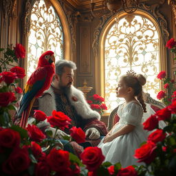 A royal scene inside a beautifully decorated palace room, featuring a king in elegant attire conversing with his young daughter