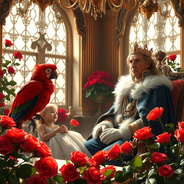 A royal scene inside a beautifully decorated palace room, featuring a king in elegant attire conversing with his young daughter