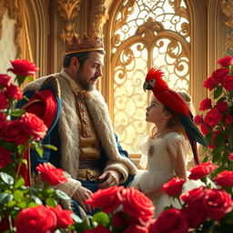 A royal scene inside a beautifully decorated palace room, featuring a king in elegant attire conversing with his young daughter