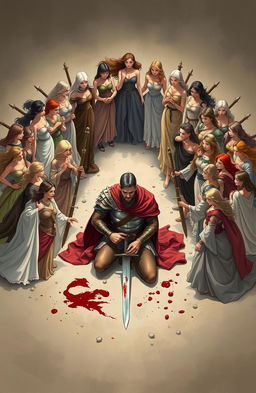 A wounded warrior kneels on the ground, bloodied and exhausted, gripping his sword as he rests on his knees