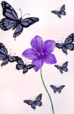 A vibrant purple flower placed prominently in the center of the image, surrounded by cartoon-style black butterflies fluttering around it