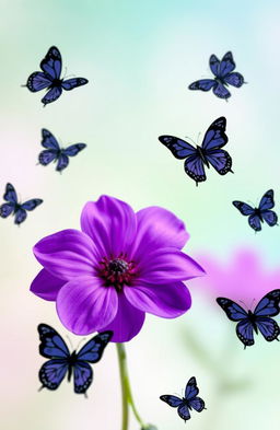 A vibrant purple flower placed prominently in the center of the image, surrounded by cartoon-style black butterflies fluttering around it