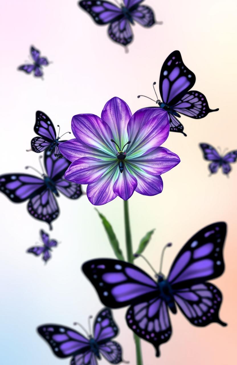 A vibrant purple flower placed prominently in the center of the image, surrounded by cartoon-style black butterflies fluttering around it