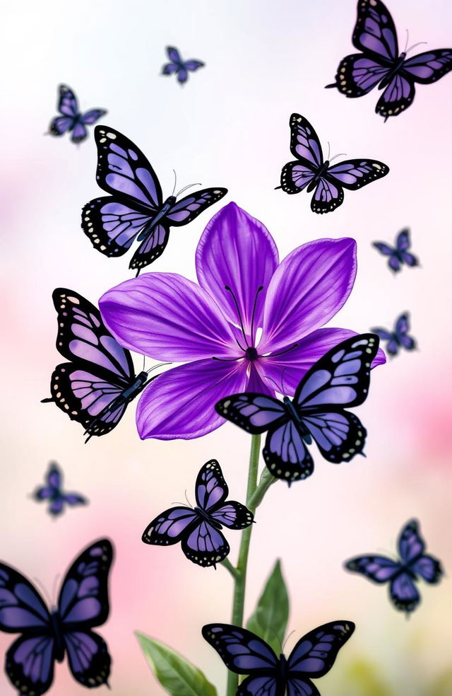 A vibrant purple flower placed prominently in the center of the image, surrounded by cartoon-style black butterflies fluttering around it