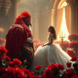 A majestic scene depicting a king engaging in a warm conversation with his young daughter in a grand palace room