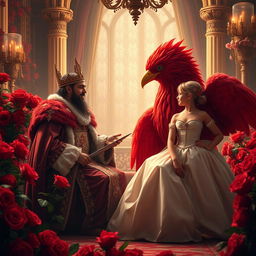 A majestic scene depicting a king engaging in a warm conversation with his young daughter in a grand palace room