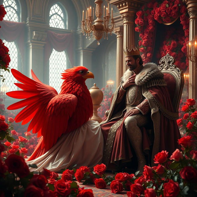 A majestic scene depicting a king engaging in a warm conversation with his young daughter in a grand palace room