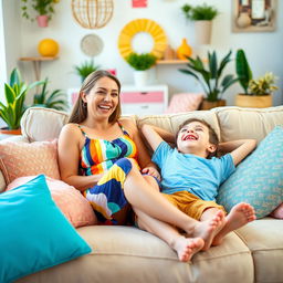 A playful and lighthearted scene depicting a woman sitting comfortably on a plush sofa, with a cheerful expression