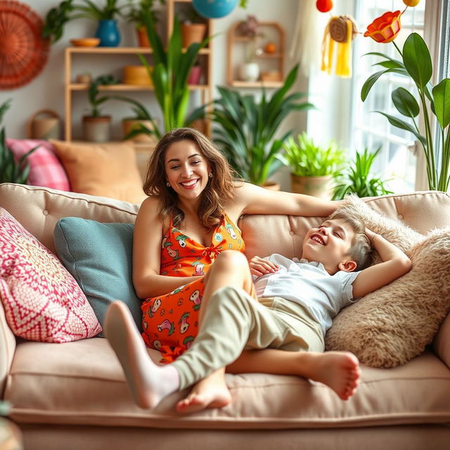 A playful and lighthearted scene depicting a woman sitting comfortably on a plush sofa, with a cheerful expression