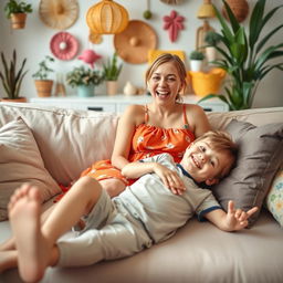 A playful and lighthearted scene depicting a woman sitting comfortably on a plush sofa, with a cheerful expression