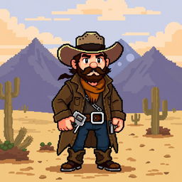 An 8-bit retro style character inspired by Arthur Morgan from video games, depicted as a cowboy in a rugged frontier setting