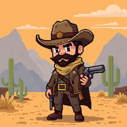 An 8-bit retro style character inspired by Arthur Morgan from video games, depicted as a cowboy in a rugged frontier setting