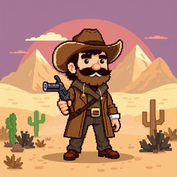An 8-bit retro style character inspired by Arthur Morgan from video games, depicted as a cowboy in a rugged frontier setting