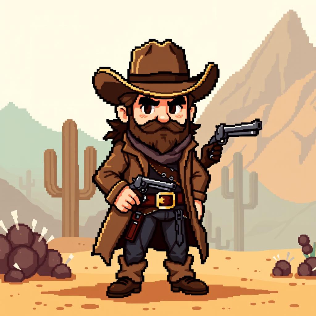 An 8-bit retro style character inspired by Arthur Morgan from video games, depicted as a cowboy in a rugged frontier setting