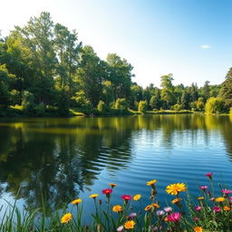 A serene landscape featuring a calm lake surrounded by lush greenery and tall trees, reflecting the blue sky above