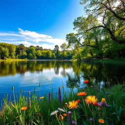 A serene landscape featuring a calm lake surrounded by lush greenery and tall trees, reflecting the blue sky above