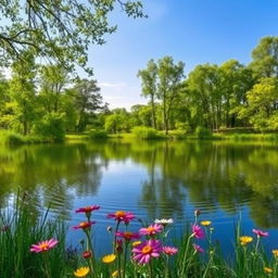 A serene landscape featuring a calm lake surrounded by lush greenery and tall trees, reflecting the blue sky above