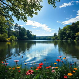 A serene landscape featuring a calm lake surrounded by lush greenery and tall trees, reflecting the blue sky above