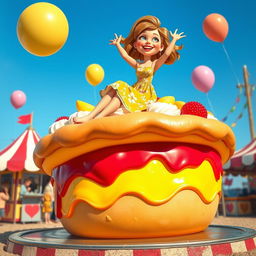 A whimsical and imaginative scene featuring a playful, cartoonish woman playfully sitting atop a large, colorful pie in a fun fair setting