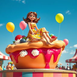 A whimsical and imaginative scene featuring a playful, cartoonish woman playfully sitting atop a large, colorful pie in a fun fair setting