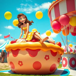 A whimsical and imaginative scene featuring a playful, cartoonish woman playfully sitting atop a large, colorful pie in a fun fair setting