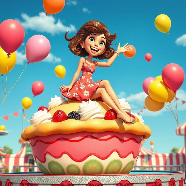 A whimsical and imaginative scene featuring a playful, cartoonish woman playfully sitting atop a large, colorful pie in a fun fair setting