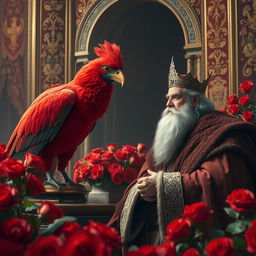 A grand scene depicting a wise king with a long beard, dressed in royal attire, engaging in conversation with a large red bird inside a lavish palace room