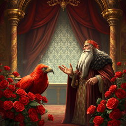 A grand scene depicting a wise king with a long beard, dressed in royal attire, engaging in conversation with a large red bird inside a lavish palace room