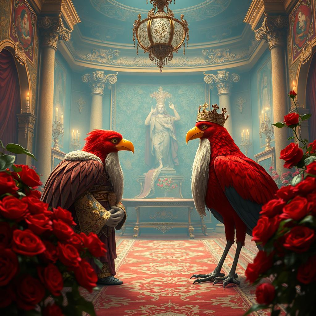 A grand scene depicting a wise king with a long beard, dressed in royal attire, engaging in conversation with a large red bird inside a lavish palace room