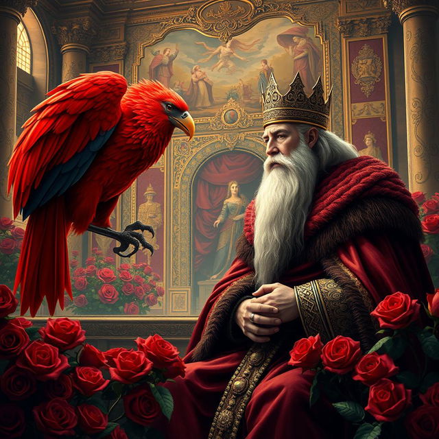 A grand scene depicting a wise king with a long beard, dressed in royal attire, engaging in conversation with a large red bird inside a lavish palace room