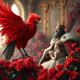 A detailed and imaginative scene showing a king engaged in a warm conversation with his young daughter, set in an ornate palace room