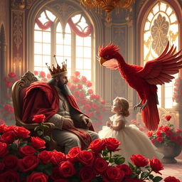 A detailed and imaginative scene showing a king engaged in a warm conversation with his young daughter, set in an ornate palace room