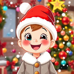 A cute cartoon character wearing a bright red Christmas hat, with white trim and a fluffy pom-pom on top