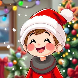 A cute cartoon character wearing a bright red Christmas hat, with white trim and a fluffy pom-pom on top