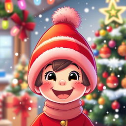 A cute cartoon character wearing a bright red Christmas hat, with white trim and a fluffy pom-pom on top