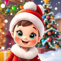 A cute cartoon character wearing a bright red Christmas hat, with white trim and a fluffy pom-pom on top
