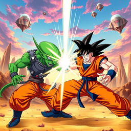 An epic showdown between Goku and a uniquely designed alien character