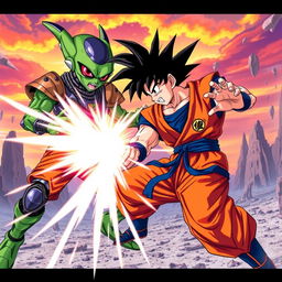 An epic showdown between Goku and a uniquely designed alien character