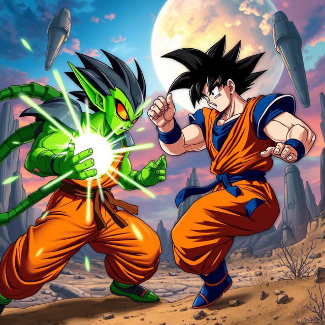 An epic showdown between Goku and a uniquely designed alien character