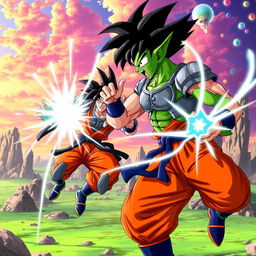 An epic showdown between Goku and a uniquely designed alien character