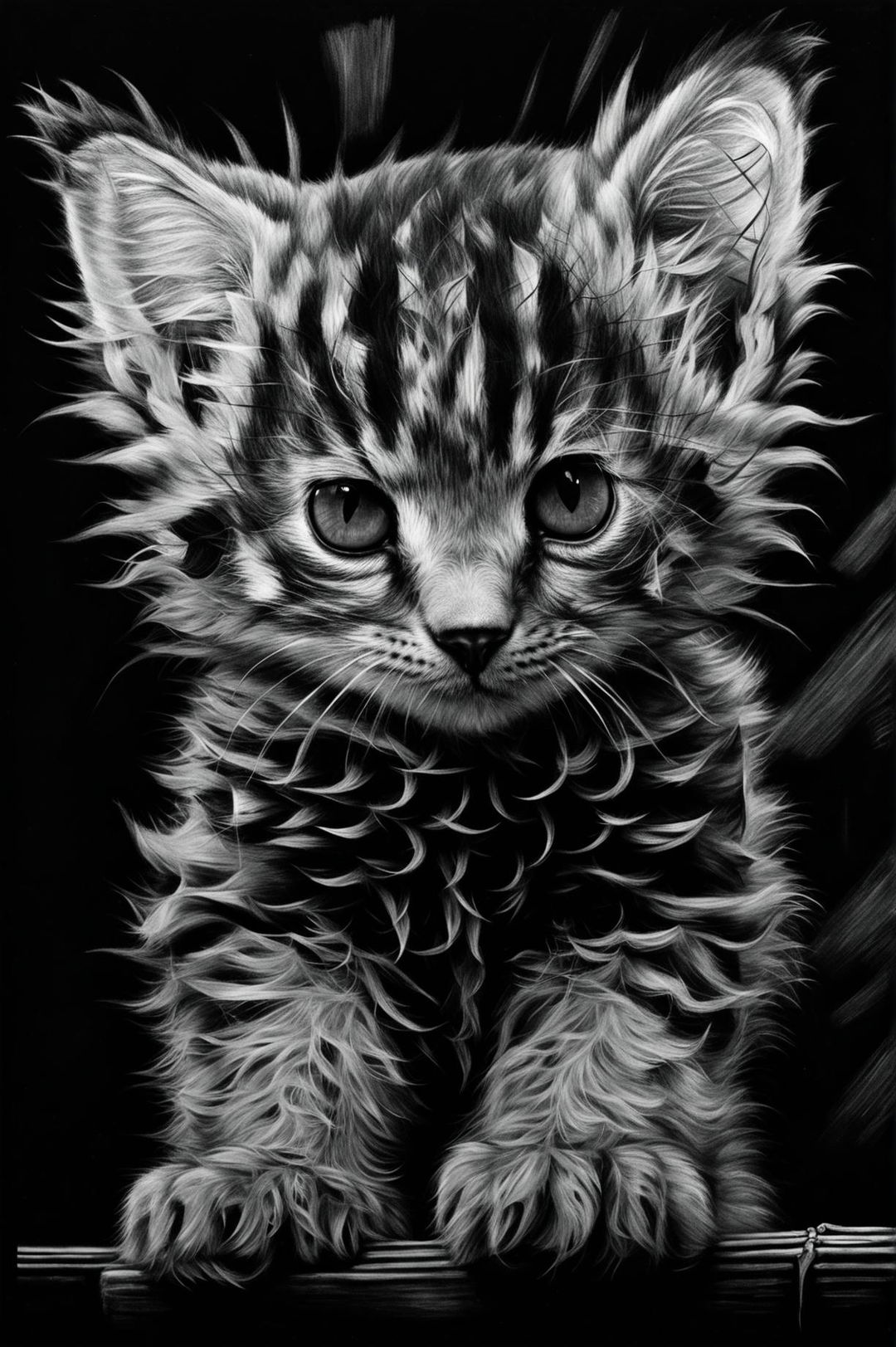 A highly detailed, exceptional quality charcoal drawing of an adorable kitten