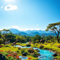 A stunning landscape of Safari Springs, showcasing lush greenery, vibrant flowers, and sparkling blue springs